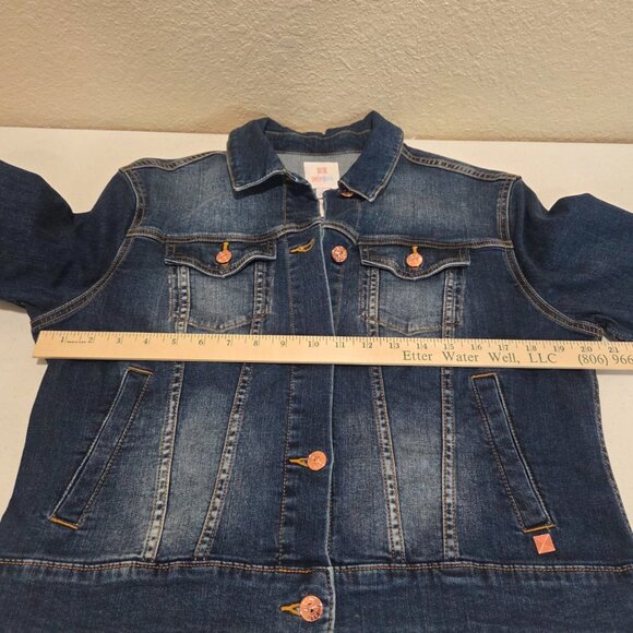 Denim Jacket Women's Size Large Cropped Stretch Long Sleeved Slit Pockets - Picture 16 of 16